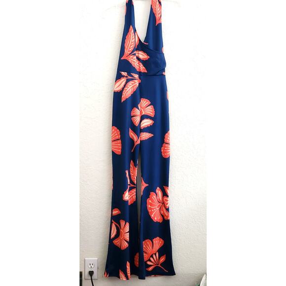 ONE PIECE HALTER JUMP SUIT-Y2K-Flared Legs-Button Behind Neck-Flowered-X[X]S - Picture 1 of 11